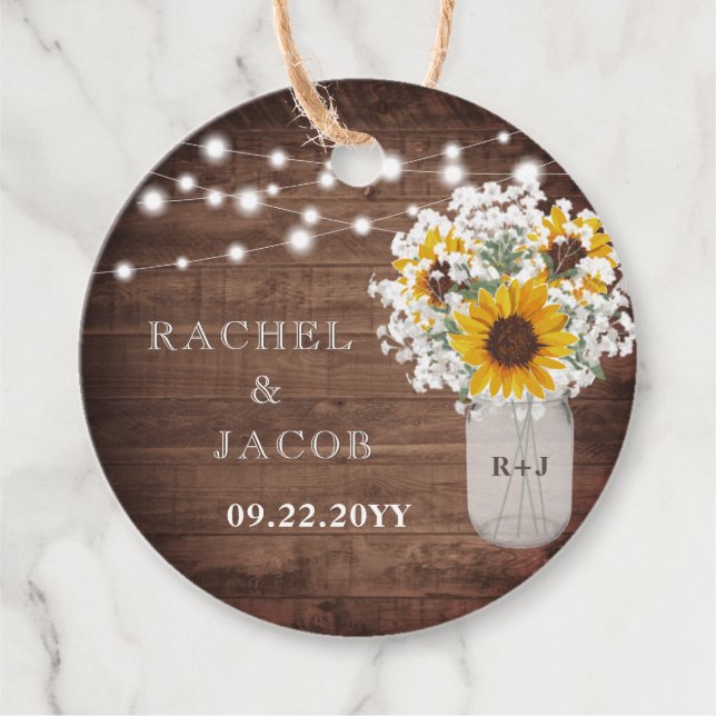 Sonnenblumen Monogram Jar Lights Rustische Hochzei Geschenkanhänger (Vorderseite)