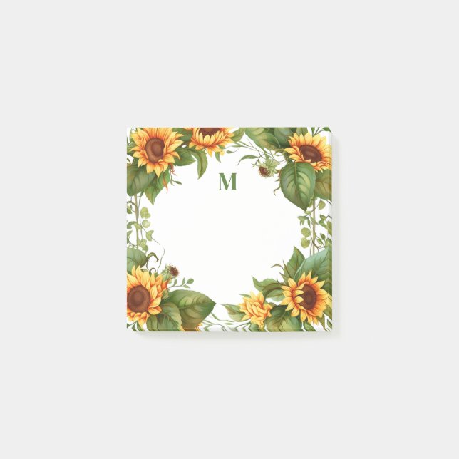 Sonnenblumen-Monogramm Aquarell Post-it Klebezettel (Vorderseite)