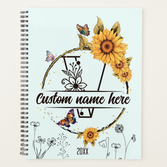Sonnenblumen-Monogramm-Schmetterlinge Brief I Planer (Vorderseite)