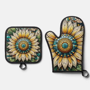 Sonnenblumen-Mosaik aus Glas Ofenhandschuh & Topflappen-Set