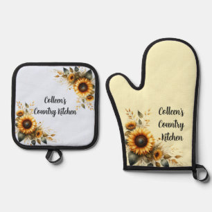 Sonnenblumen-Motiv Landküche personalisiert Ofenhandschuh & Topflappen-Set