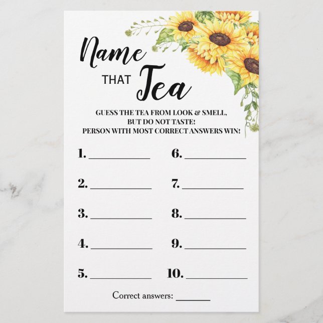 Sonnenblumen Name der Tea Brautparty Game Card Flyer (Vorne)
