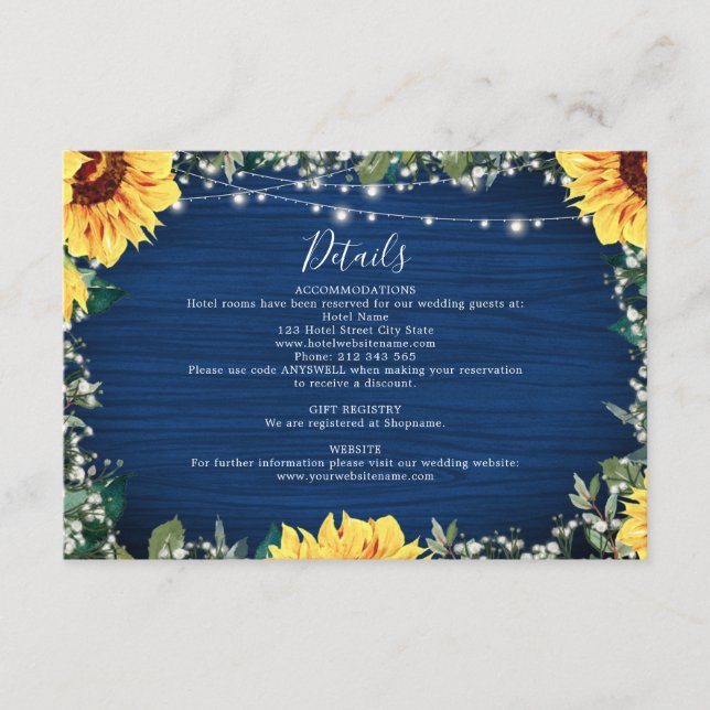 Sonnenblumen Navy Babys atmen Licht Hochzeiten Det Begleitkarte (Vorderseite)