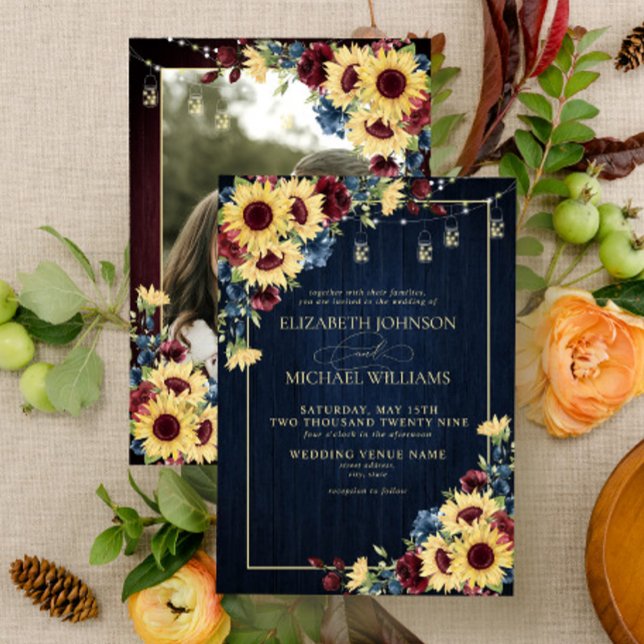Sonnenblumen Navy Blue Burgundy Wood Floral Foto Einladung (Von Creator hochgeladen)