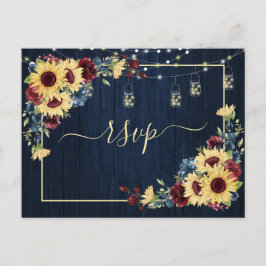 Sonnenblumen Navy Blue Burgundy Wood Floral +Menü Einladungspostkarte