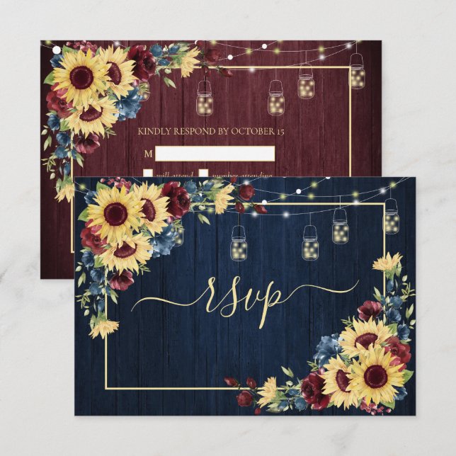 Sonnenblumen Navy Blue Burgundy Wood Floral +Menü RSVP Karte (Vorne/Hinten)