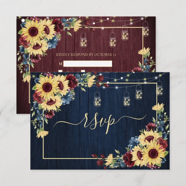 Sonnenblumen Navy Blue Burgundy Wood Floral UAWG RSVP Karte (Vorne/Hinten)
