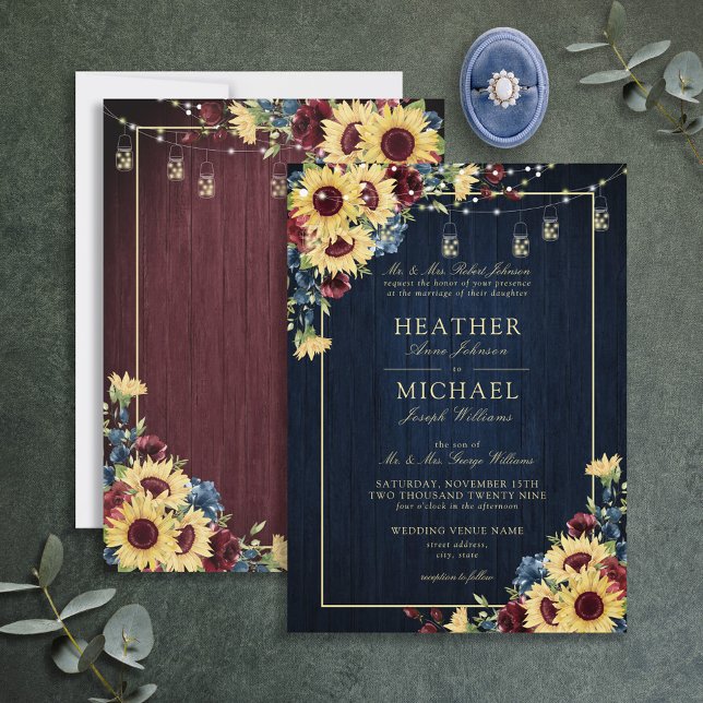 Sonnenblumen Navy Blue Burgundy Wood Floral Weddin Einladung (Von Creator hochgeladen)