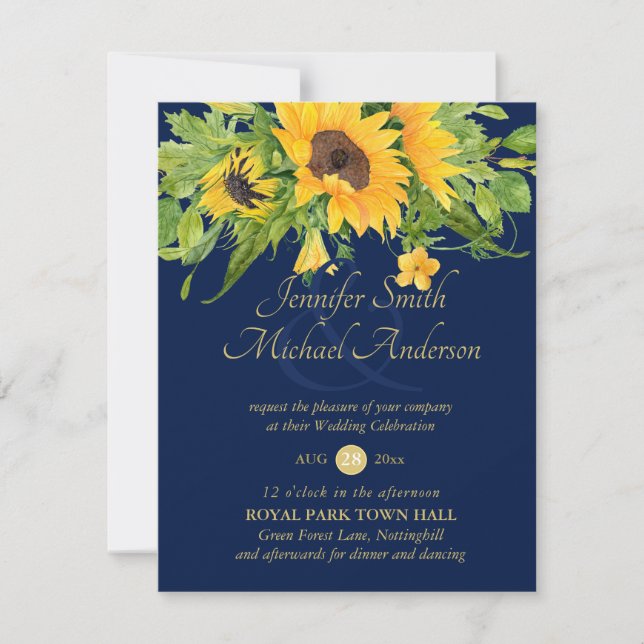 Sonnenblumen Navy Blue Country Blumenhochzeit Einl (Vorderseite)