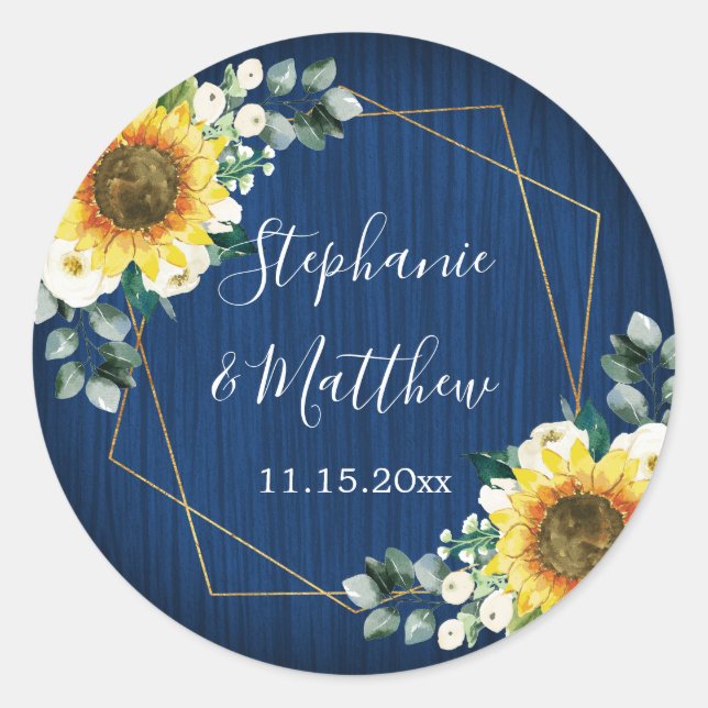 Sonnenblumen Navy Blue Geometric Wedding Runder Aufkleber (Vorderseite)