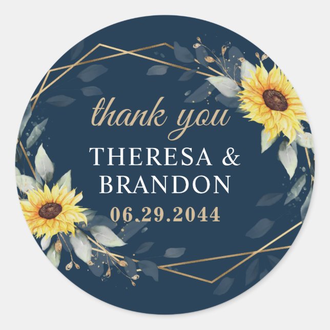 Sonnenblumen & Navy Blue Geometric Wedding Vielen  Runder Aufkleber (Vorderseite)
