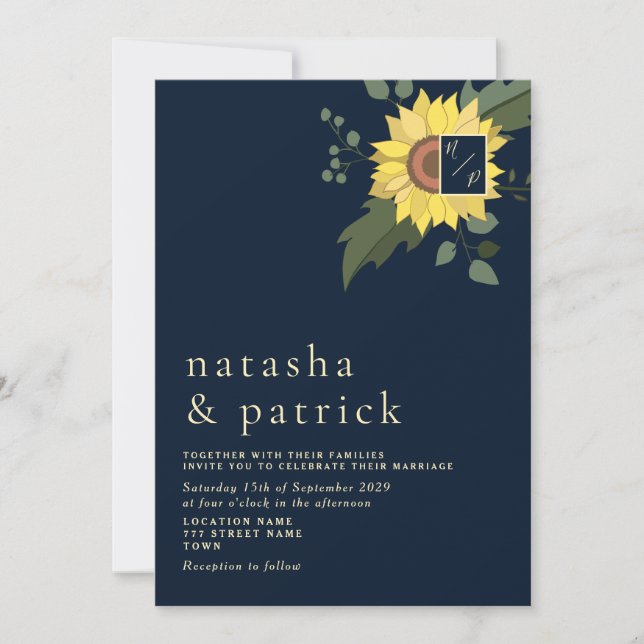Sonnenblumen Navy Blue Gold Moderne Hochzeit Einla Einladung (Vorderseite)
