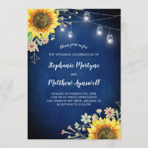 Sonnenblumen Navy Blue Mason Jar Lights Hochzeit Einladung
