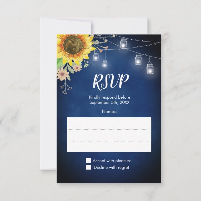 Sonnenblumen Navy Blue Mason Jar Lights Hochzeit RSVP Karte (Vorderseite)
