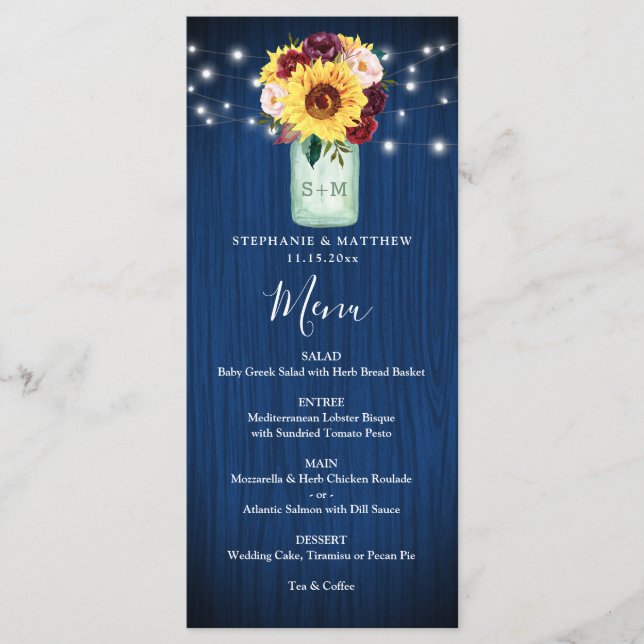 Sonnenblumen Navy Blue Mason Jar Lights Hochzeitme Menükarte (Vorderseite)