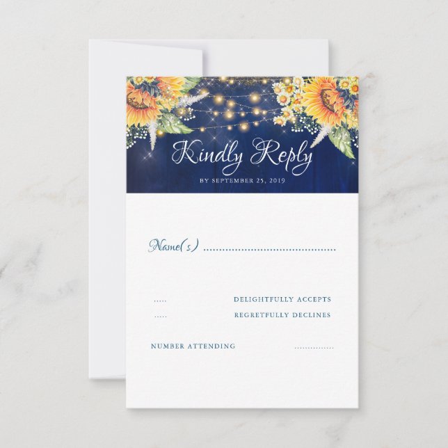 Sonnenblumen Navy Blue Rustic Wedding RSVP (Vorderseite)