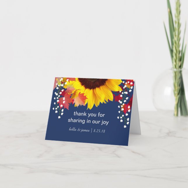 Sonnenblumen Navy Blue Wedding Vielen Dank Hinweis Dankeskarte (Vorderseite)