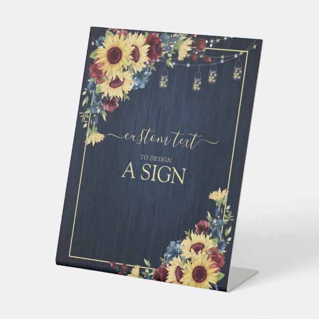 Sonnenblumen Navy Blue Wood Floral Custom Text Sockelschild (Vorderseite)
