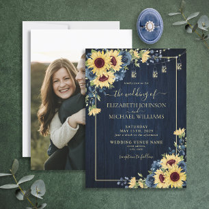 Sonnenblumen Navy Blue Wood Floral Foto Hochzeit Einladung