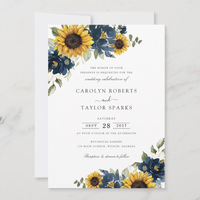 Sonnenblumen Navy Blumen Blumen Grüne Hochzeit Einladung (Vorderseite)