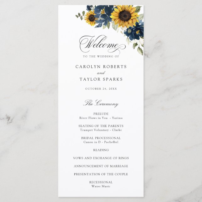 Sonnenblumen Navy Blumen Rustikale Hochzeit Programm (Vorderseite)