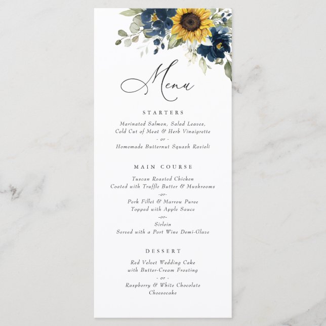 Sonnenblumen Navy Blumengrün Hochzeitsmenü Menükarte (Vorderseite)
