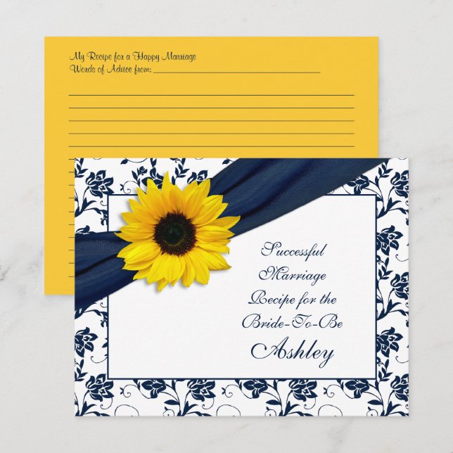 Sonnenblumen Navy Damask Erfolgreiches Heiratskonz Hinweiskarte (Vorne/Hinten)