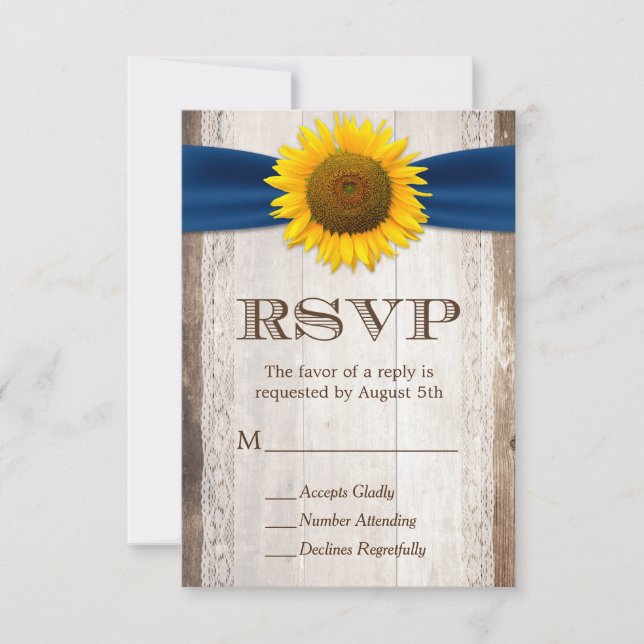 Sonnenblumen Navy Ribbon Spitze Rustikale Barn Hol RSVP Karte (Vorderseite)