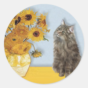 Sonnenblumen - Norwegische Waldkatze Runder Aufkleber