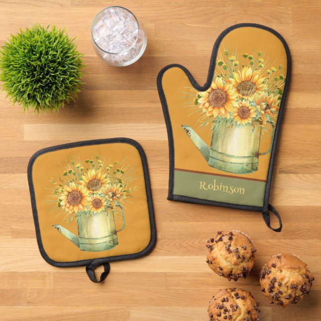 Sonnenblumen Orange Gelb Grün Ofenhandschuh & Topflappen-Set (Oben Unten)