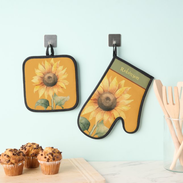 Sonnenblumen Orange Gelb Grün Ofenhandschuh & Topflappen-Set (Insitu (Hängend))