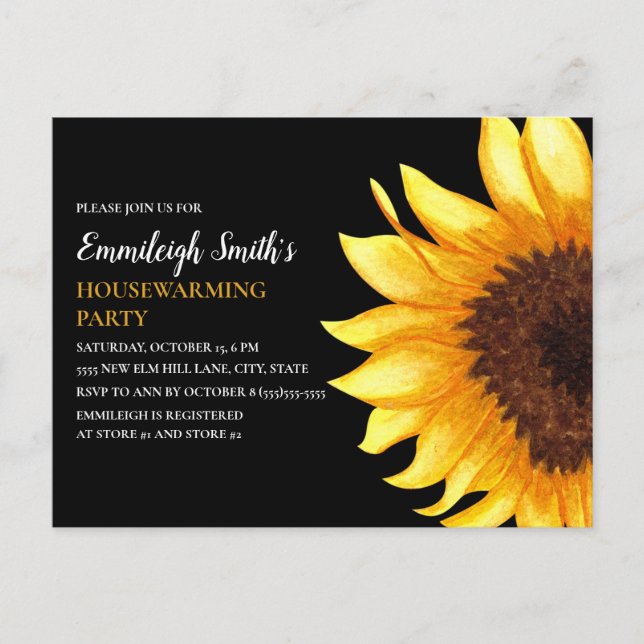 Sonnenblumen Party Gelb Schwarz Neue Zuhause Postkarte (Vorderseite)