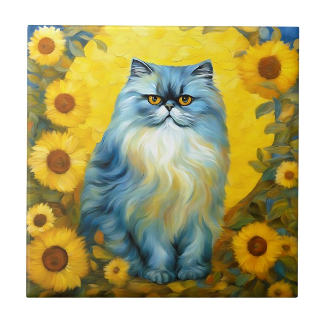 Sonnenblumen Persische Katze Fliese (Vorderseite)