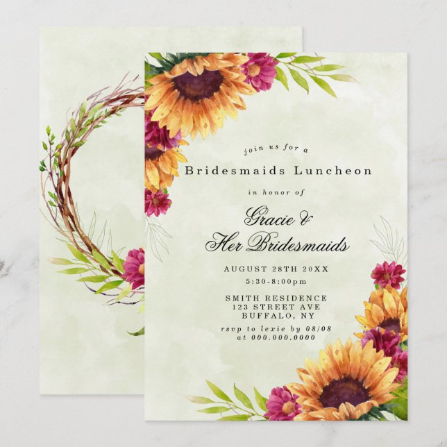 Sonnenblumen Pink Bridesmaids Luncheon Einladung (Vorne/Hinten)