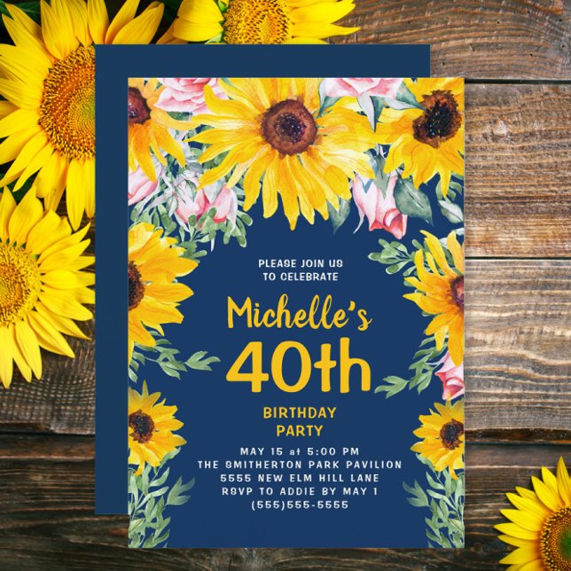 Sonnenblumen Pink Roses Navy Blau 40. Geburtstag Einladung (Sunflowers and pink roses on navy blue 40th birthday party invitation)