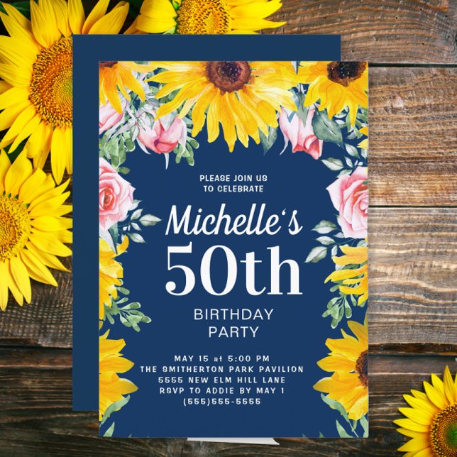 Sonnenblumen Pink Roses Navy Blue 50. Geburtstag Einladung (Sunflowers and pink roses on navy blue 50th birthday party invitation)