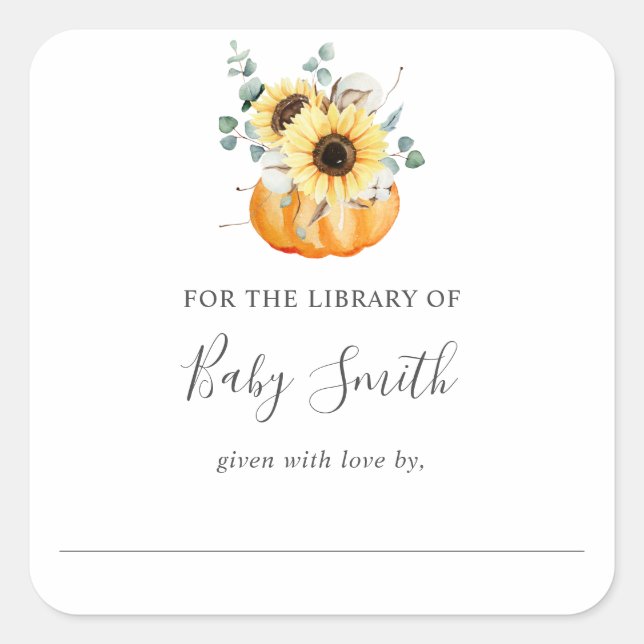 Sonnenblumen Pumpkin Baby Duschkabine Buchzeichen Quadratischer Aufkleber (Vorderseite)