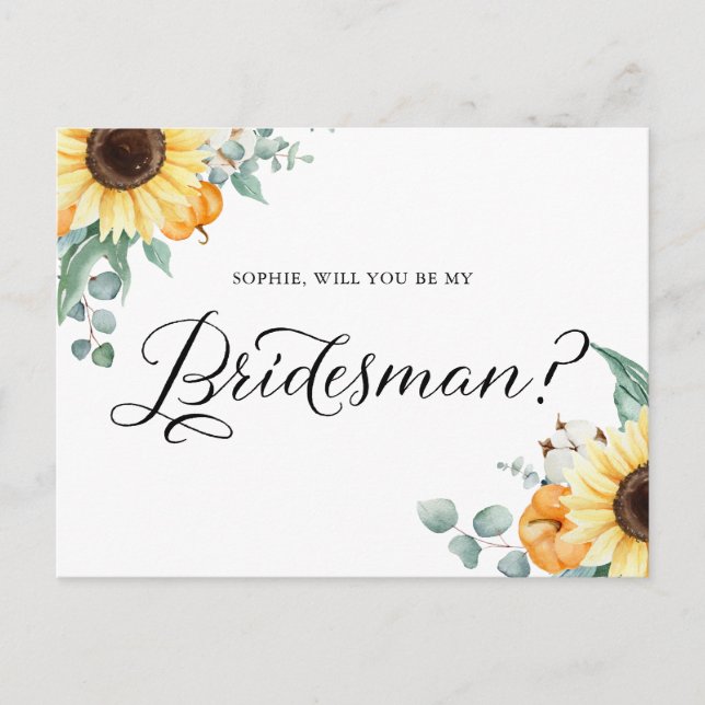Sonnenblumen Pumpkins werden Sie meine Bridesman-K Postkarte (Vorderseite)