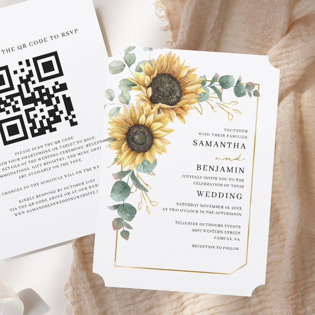 Sonnenblumen QR Code All-in-One-Blumenhochzeit Einladung (Floral Sunflower Eucalyptus QR Code Rustic Wedding Invitation)
