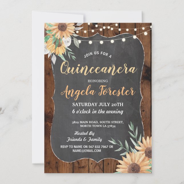 Sonnenblumen Quinceanera Party Holz Blumenleuchten Einladung (Vorderseite)
