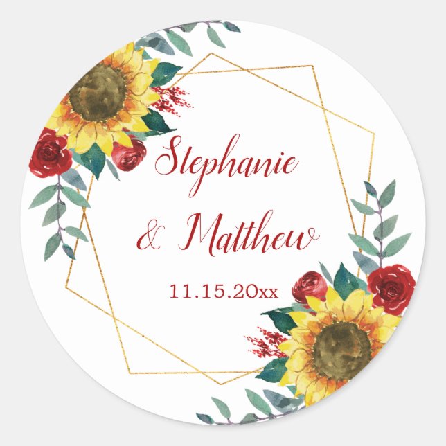 Sonnenblumen Red Floral Geometric Wedding Runder Aufkleber (Vorderseite)