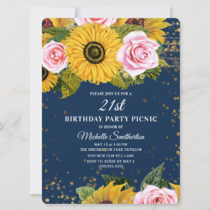 Sonnenblumen Rosa Rosen Gold Glitzer 21. Geburtsta Einladung