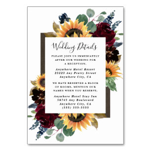 Sonnenblumen-Rose Burgund Hochzeitskarte Tischnummer