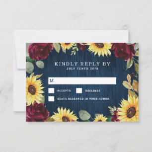 Sonnenblumen Rose Burgundy Red und Navy Blue Weddi RSVP Karte