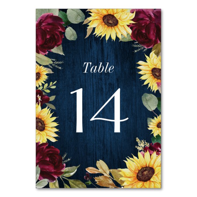 Sonnenblumen Rose Burgundy Red und Navy Blue Weddi Tischnummer (Vorderseite)