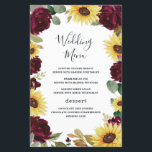 Sonnenblumen-Rose Burgundy Red Wedding Menu Cards<br><div class="desc">Das Design besticht durch wunderschöne Aquarelltöne und bordeauxfarbene rote Rosen mit eleganten Eukalyptusbäumen und anderen Grünelementen.</div>