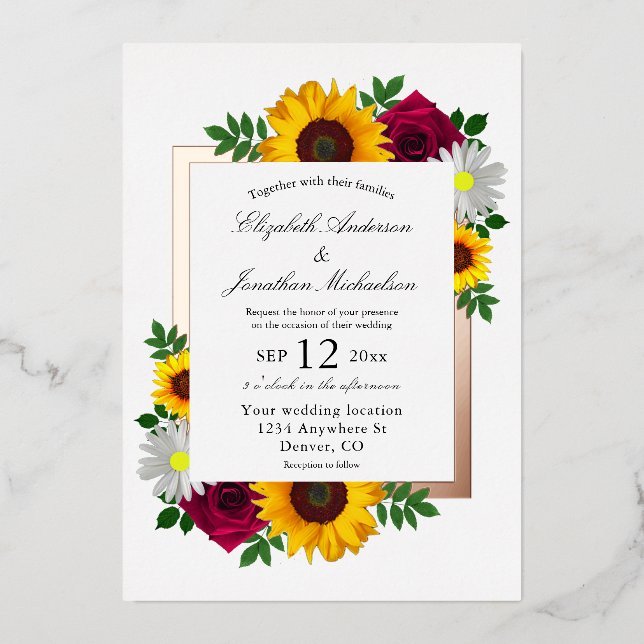 Sonnenblumen Rose Daisy Herbstblütenhochzeit Folieneinladung (Vorderseite)