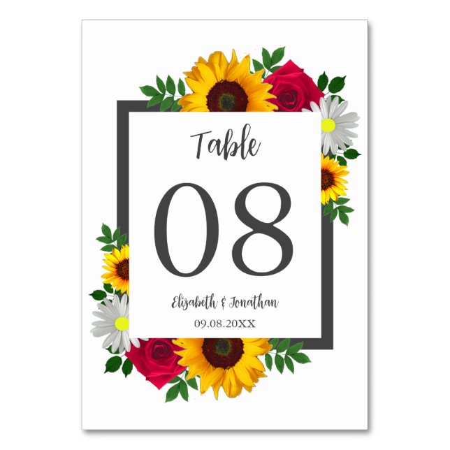 Sonnenblumen Rose Daisy Herbstblütenhochzeit Tischnummer (Vorderseite)