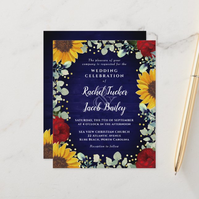 Sonnenblumen Rose Gold Dots Blue Hochzeit Einladun (Vorderseite/Rückseite Beispiel)