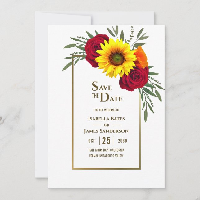 Sonnenblumen-Rose Hochzeit speichern Sie das Datum Save The Date (Vorderseite)